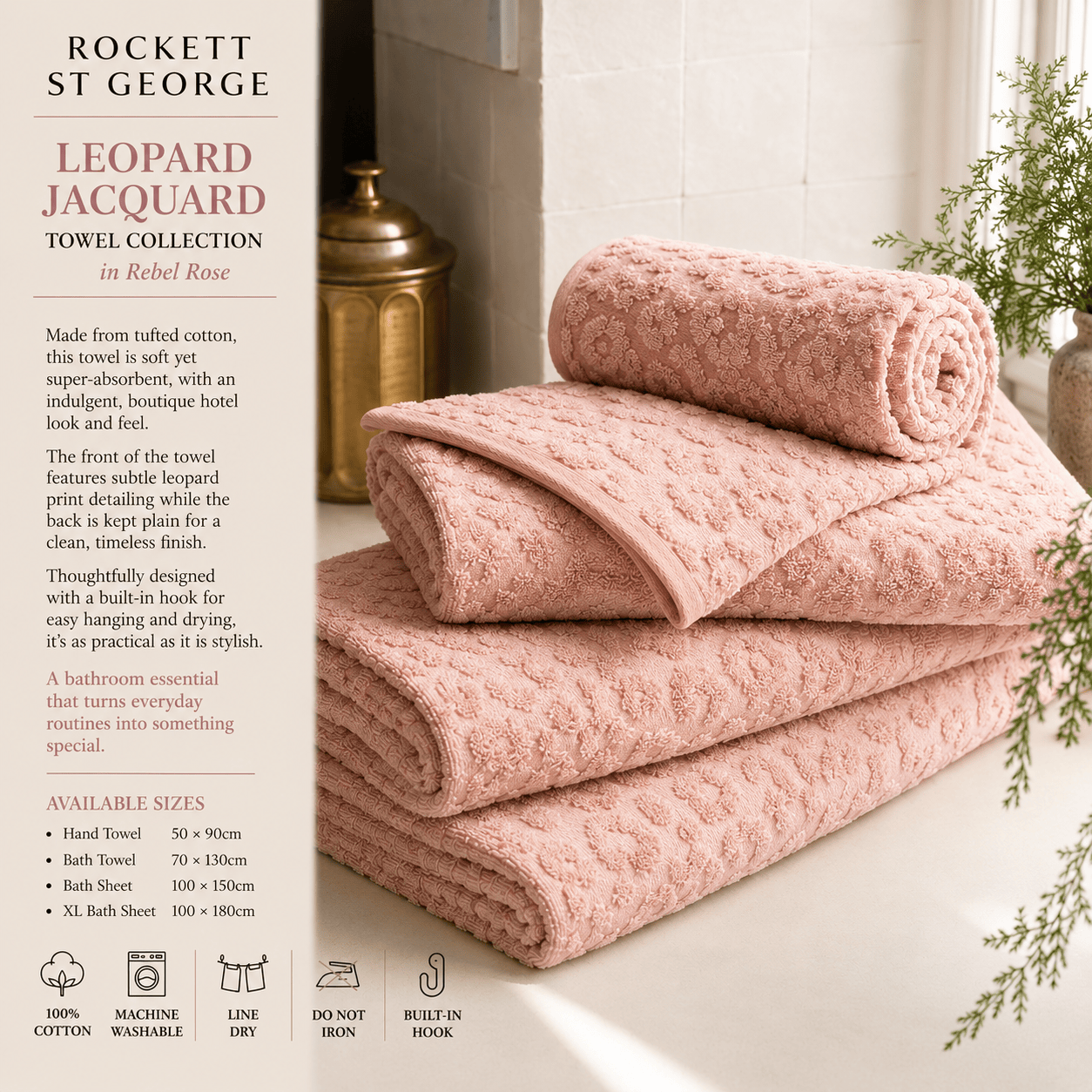 Rockett St George (Riva Home) Home Accessories Rebel Rose / Hand Towel • 50 × 90cm LEOPARD JACQUARD 100% COTTON TOWEL COLLECTION by Rockett St George