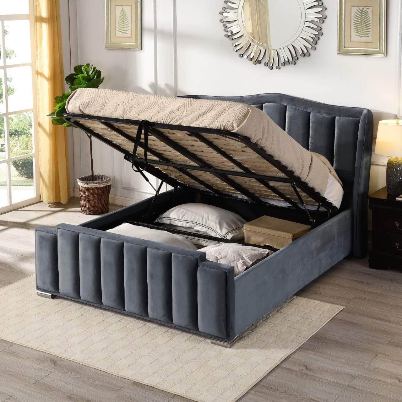 simply HAZEL Bed Complete Clare Mink or Grey Kingsize (5ft) Gas-lift Ottoman Bed - FREE DELIVERY