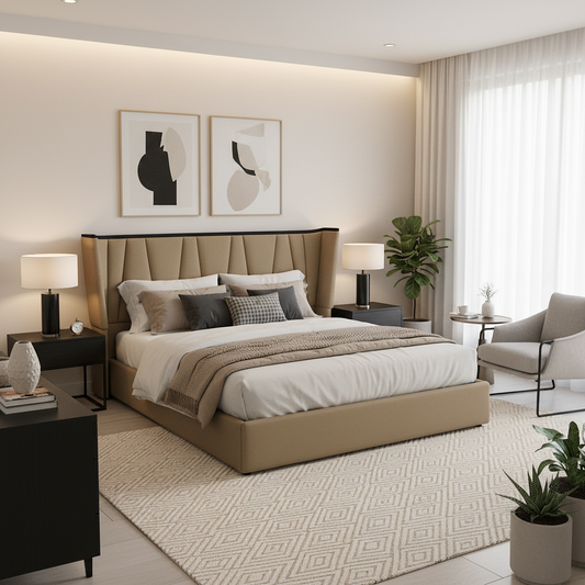 simply HAZEL Bed Complete Dubai Bed – Taupe Fabric Headboard with Matt Black Accents by simply Hazel