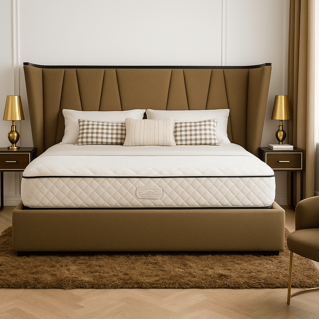 simply HAZEL Bed Complete Dubai Bed – Taupe Fabric Headboard with Matt Black Accents by simply Hazel