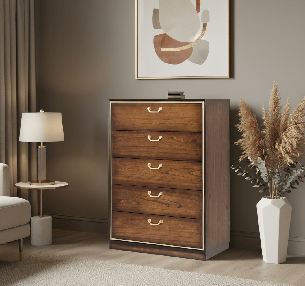 simply HAZEL Bedroom Vanities DUBAI TALL CHEST – 5 DRAWER STORAGE UNIT IN WALNUT WITH GOLDEN HANDLES by simply Hazel