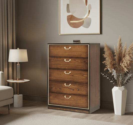 simply HAZEL Bedroom Vanities DUBAI TALL CHEST – 5 DRAWER STORAGE UNIT IN WALNUT WITH GOLDEN HANDLES by simply Hazel