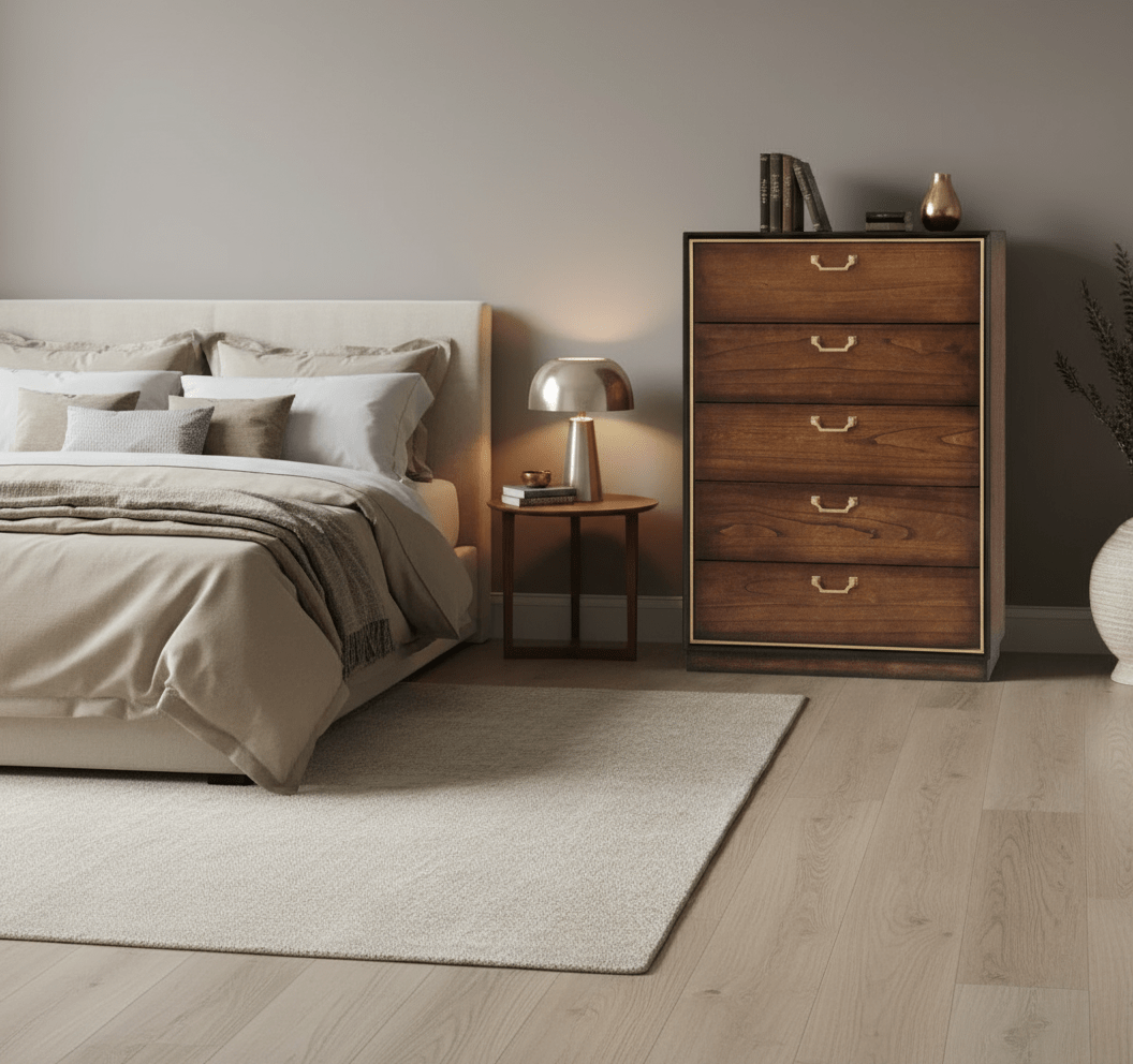 simply HAZEL Bedroom Vanities simply Hazel Dubai Tall Chest – 5 Drawer Storage Unit in Walnut with Golden Handles