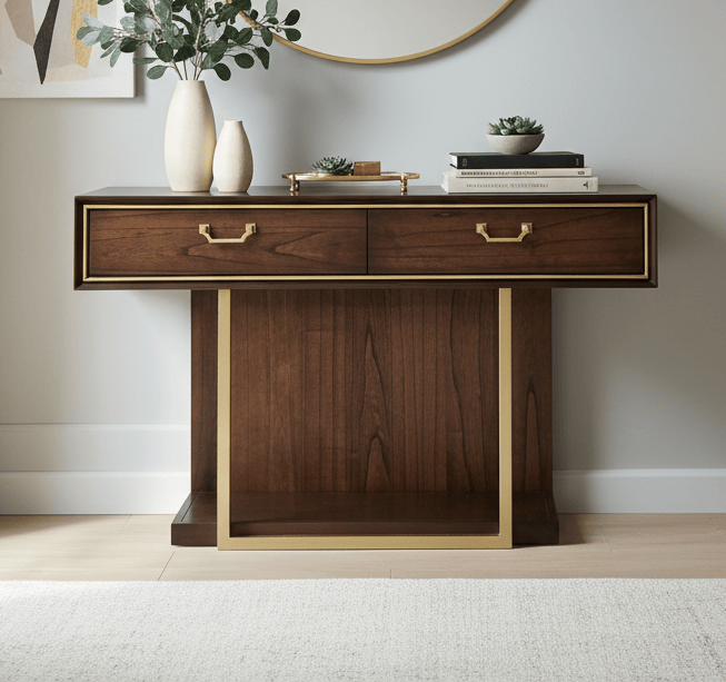 simply HAZEL Cabinet DUBAI CONSOLE TABLE – WALNUT FINISH WITH RED VELVET LINING AND GOLD ACCENTS by simply Hazel