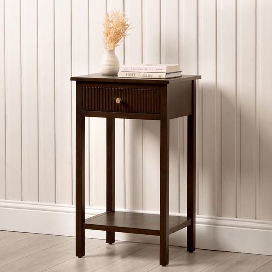 simply HAZEL Cabinet Lindon Walnut Brown 1 Drawer End Table with Gold Handles