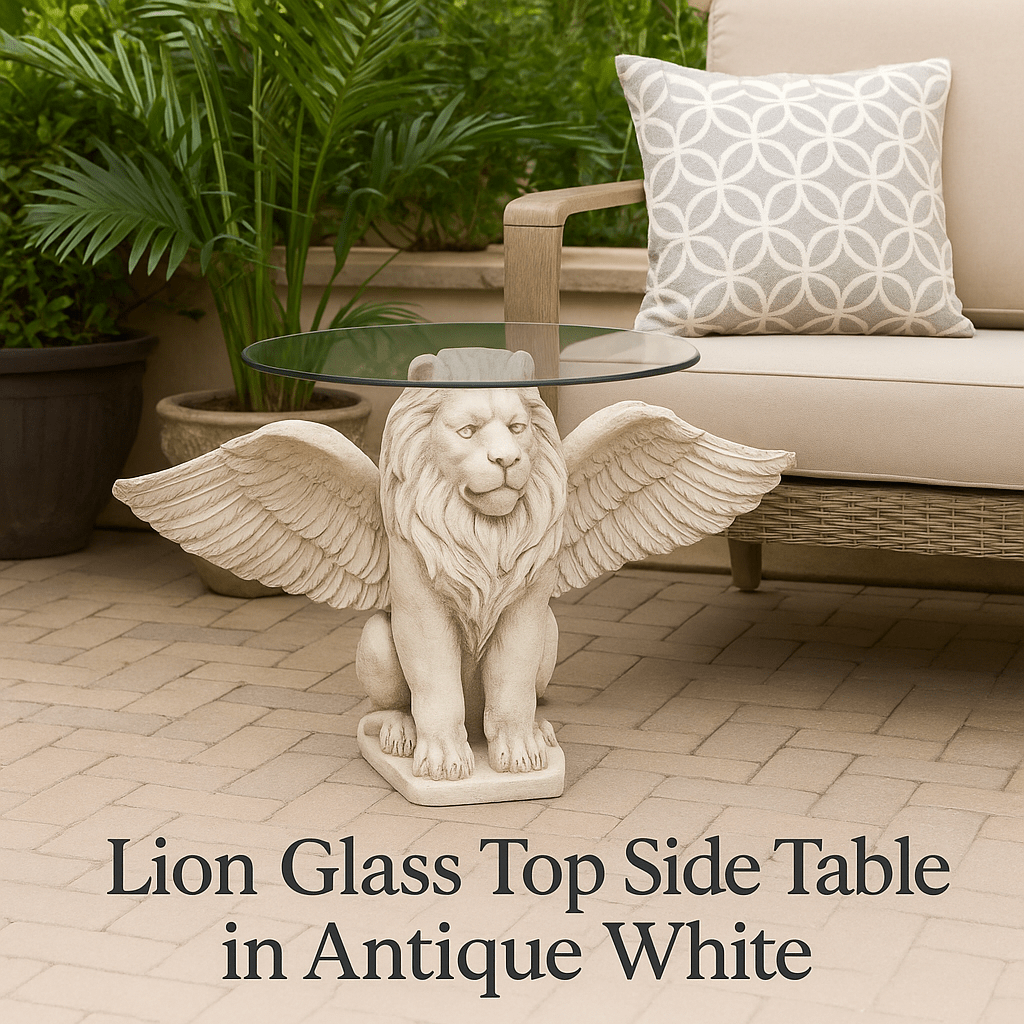 simply HAZEL Garden Accessories Lion Glass Top Side Table in Antique White by simply Hazel