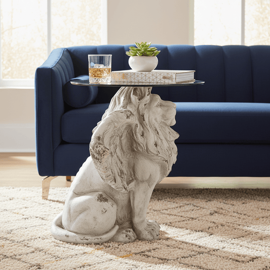 simply HAZEL Garden Accessories Lion Glass Top Side Table in Antique White by simply Hazel