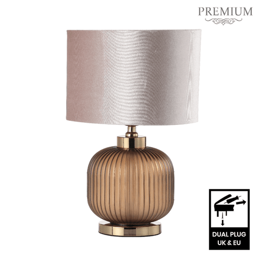 simply HAZEL Lamp 44.5cm Frost Brown Pleated Glass Table Lamp with Champagne Velvet Shade