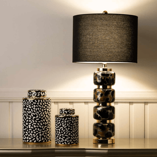 simply HAZEL Lamp 71cm Black and Gold Glass Table Lamp with Black Linen Shade