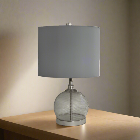 simply HAZEL Lamp Chrome Wire Mesh Table Lamp with Grey Faux Silk Shade