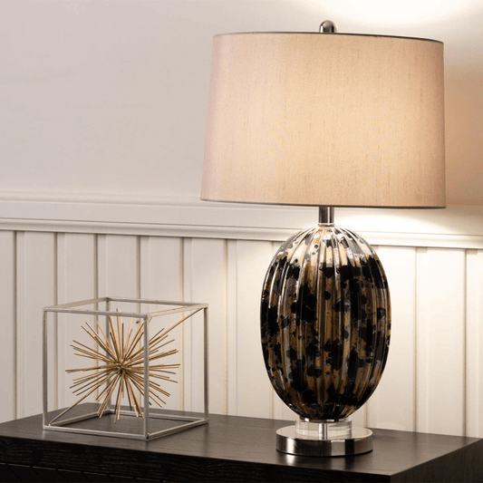 simply HAZEL Lamp Ribbed Black and Gold Table Lamp with Taupe Shade