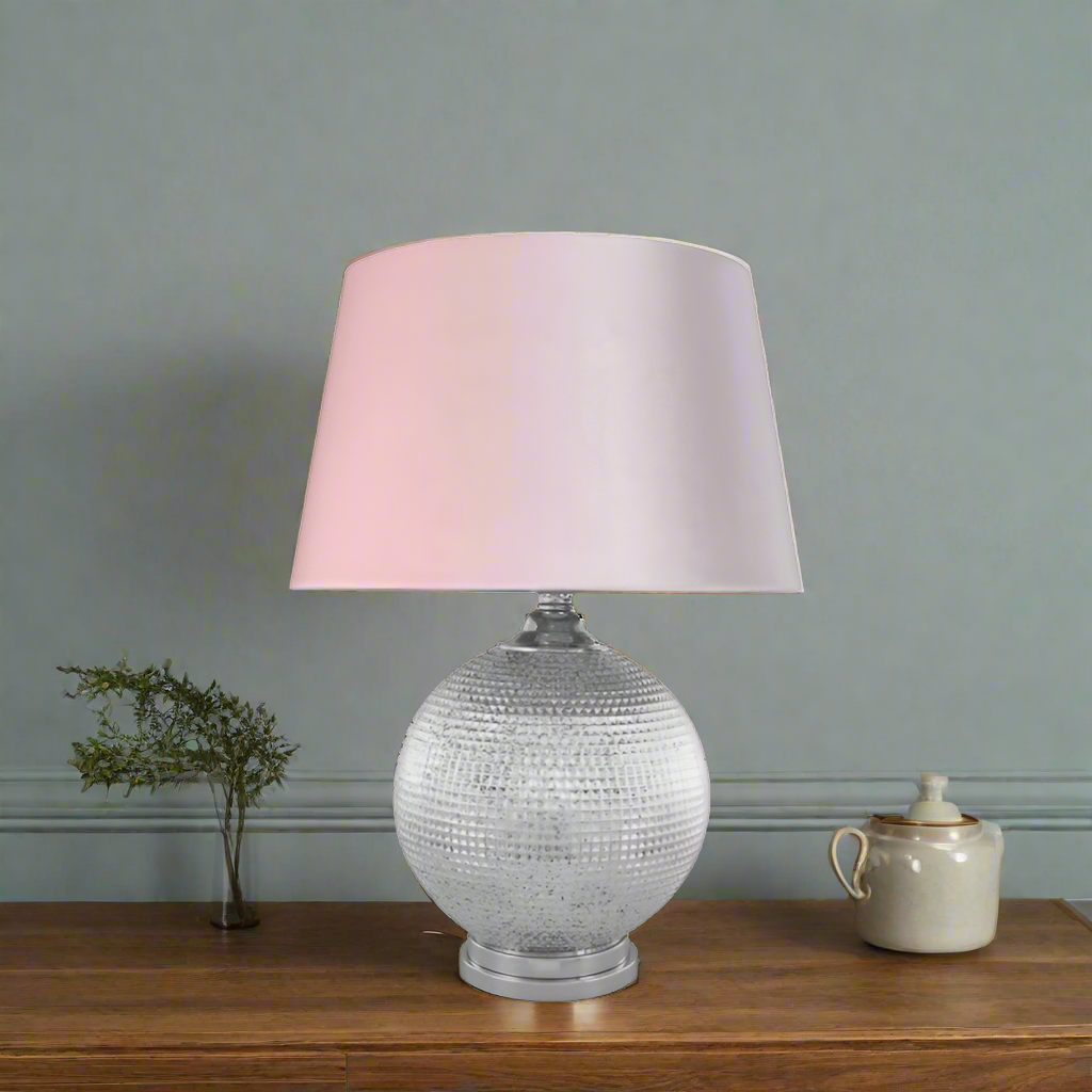 simply HAZEL Lamp Silver Mercury Glass Ball Table Lamp With Blush Pink Velvet Empire Shade