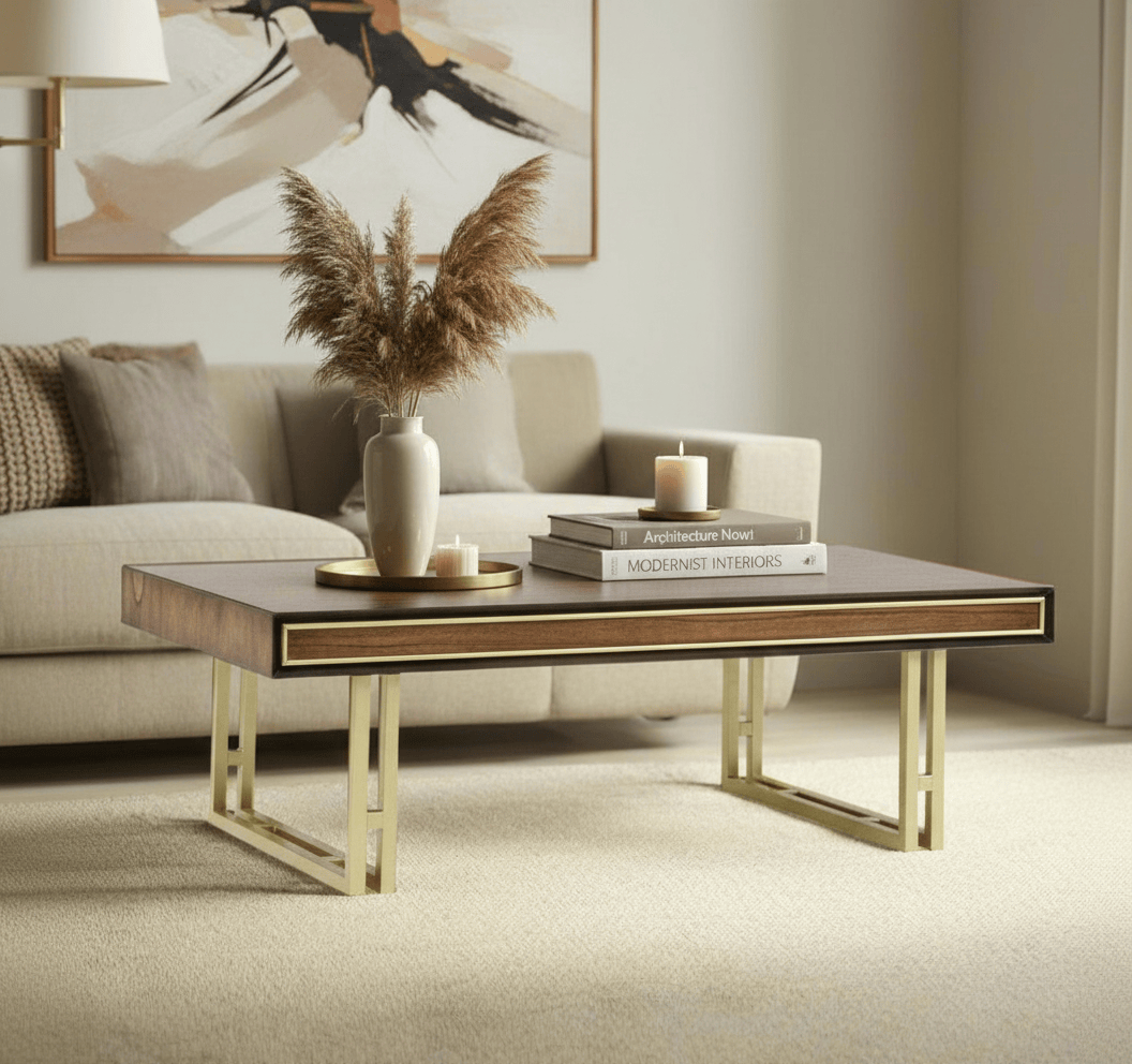 simply HAZEL Table DUBAI COFFEE TABLE – WALNUT FINISH WITH GOLD FRAMING AND LEGS by simply Hazel