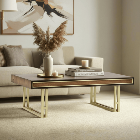 simply HAZEL Table DUBAI COFFEE TABLE – WALNUT FINISH WITH GOLD FRAMING AND LEGS by simply Hazel