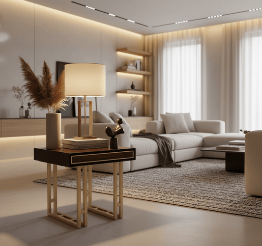 simply HAZEL Table DUBAI LAMP TABLE – ELEGANT WALNUT FINISH WITH GOLD ACCENTS by simply Hazel