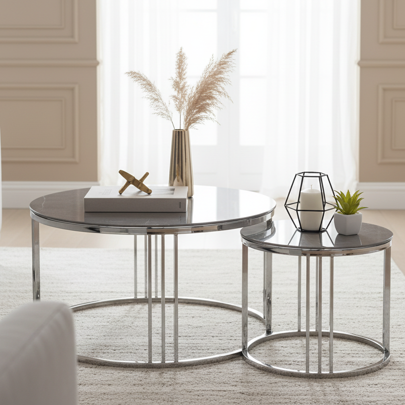 simply HAZEL Table Set of 2 Chrome Metal Coffee Table with Grey Marble Design Glass Top Coffee Table