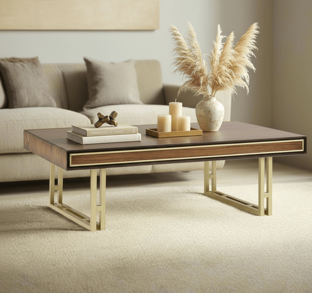simply HAZEL Table simply Hazel Dubai Coffee Table – Walnut Finish with Gold Framing and Legs