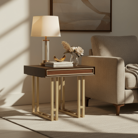simply HAZEL Table simply Hazel Dubai Lamp Table – Elegant Walnut Finish with Gold Accents