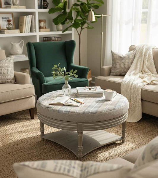 simply Hazel x Voyage Maison Voyage Maison Furniture X simply Hazel Custom Maurice Ottoman Table Grey Check Stone/Grey by Voyage Maison (Custom Upholstered by simply Hazel in Ireland)