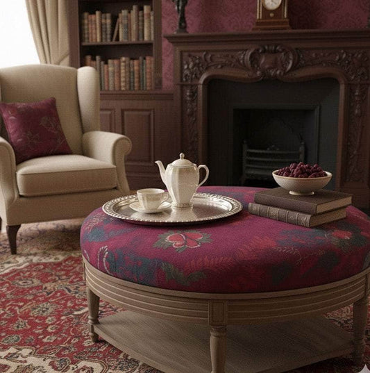 simply Hazel x Voyage Maison Voyage Maison Furniture X simply Hazel Custom Voyage Maison Maurice Ottoman Table Curious Creatures by Becca Who – Stone/Crimson (Custom Upholstered by simply Hazel in Ireland)