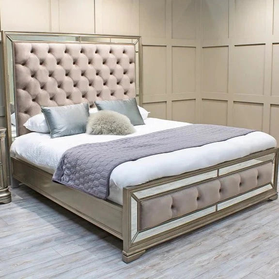Vida Bedroom Vanities 5ft Kingsize Jessica Bed Mirrored, Upholstered & Headboard