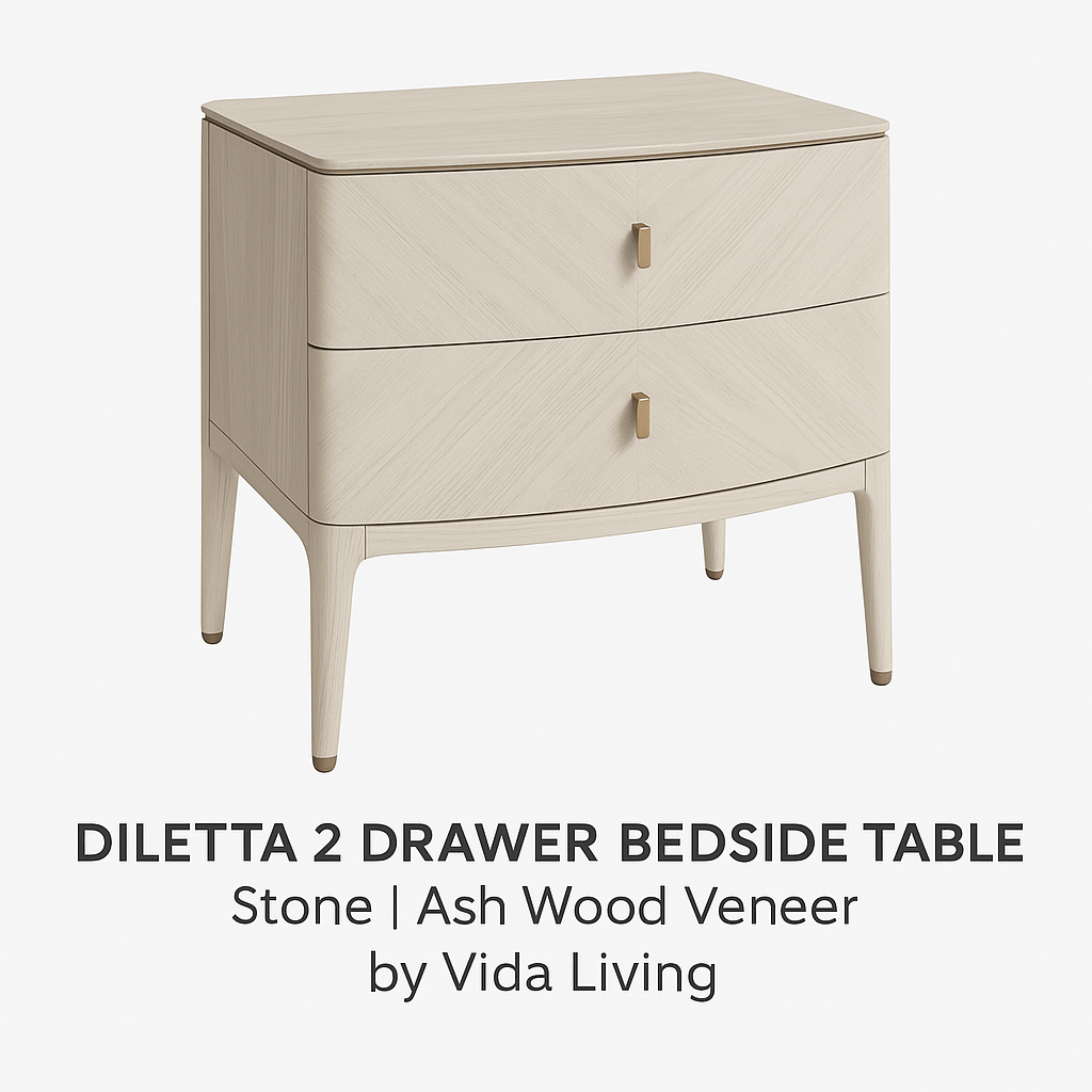 Vida Living Bed Complete DILETTA 2 DRAWER BEDSIDE TABLE Stone | Ash Wood Veneer by Vida Living