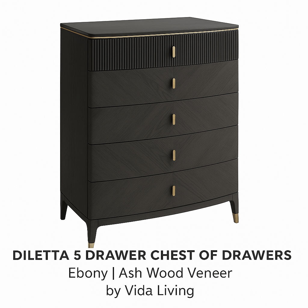 Vida Living Bed Complete DILETTA 5 DRAWER CHEST OF DRAWERS Ebony | Ash Wood Veneer by Vida Living
