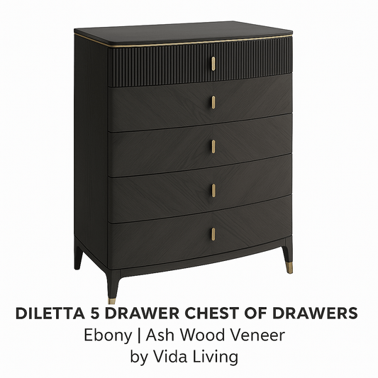 Vida Living Bed Complete DILETTA 5 DRAWER CHEST OF DRAWERS Ebony | Ash Wood Veneer by Vida Living