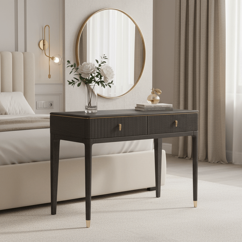 Vida Living Dressing Table DILETTA 2 DRAWER DRESSING TABLE Ebony | Ash Wood & Brushed Brass by Vida Living