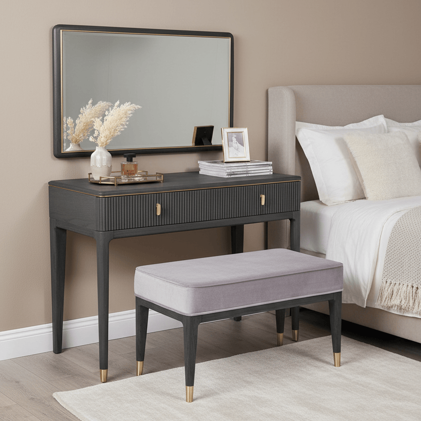 Vida Living Dressing Table set DILETTA DRESSING TABLE · STOOL · MIRROR Ebony | Ash Wood & Brushed Brass by Vida Living