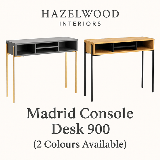 Vida Table Madrid Console Desk 900 (2 Colour Styles Available – Grey/Gold or Oak/Black)