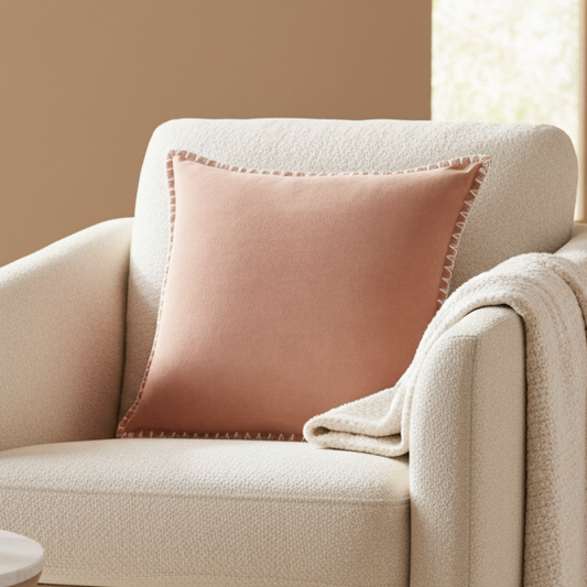 STITCH EMBROIDERED FEATHER VELVET CUSHION CORAL by Voyage Maison