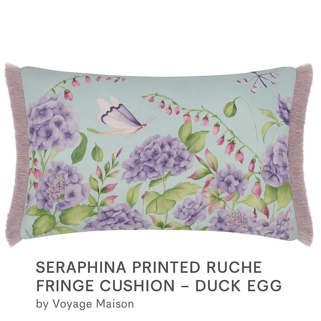 Voyage Maison (Riva Home) Voyage Maison Cushion SERAPHINA PRINTED RUCHE FRINGE CUSHION – DUCK EGG by Voyage Maison