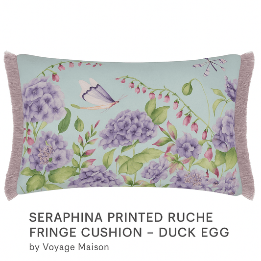 Voyage Maison (Riva Home) Voyage Maison Cushion SERAPHINA PRINTED RUCHE FRINGE CUSHION – DUCK EGG by Voyage Maison