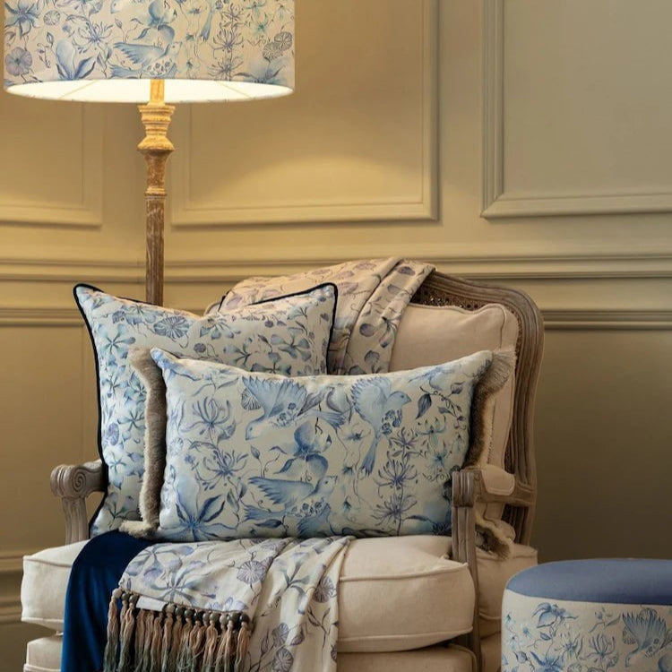 Voyage Maison (Riva Home) Voyage Maison Cushion Voyage Maison Fella Printed Ruche Fringe Cushion in Delft Blue 40cm x 60cm