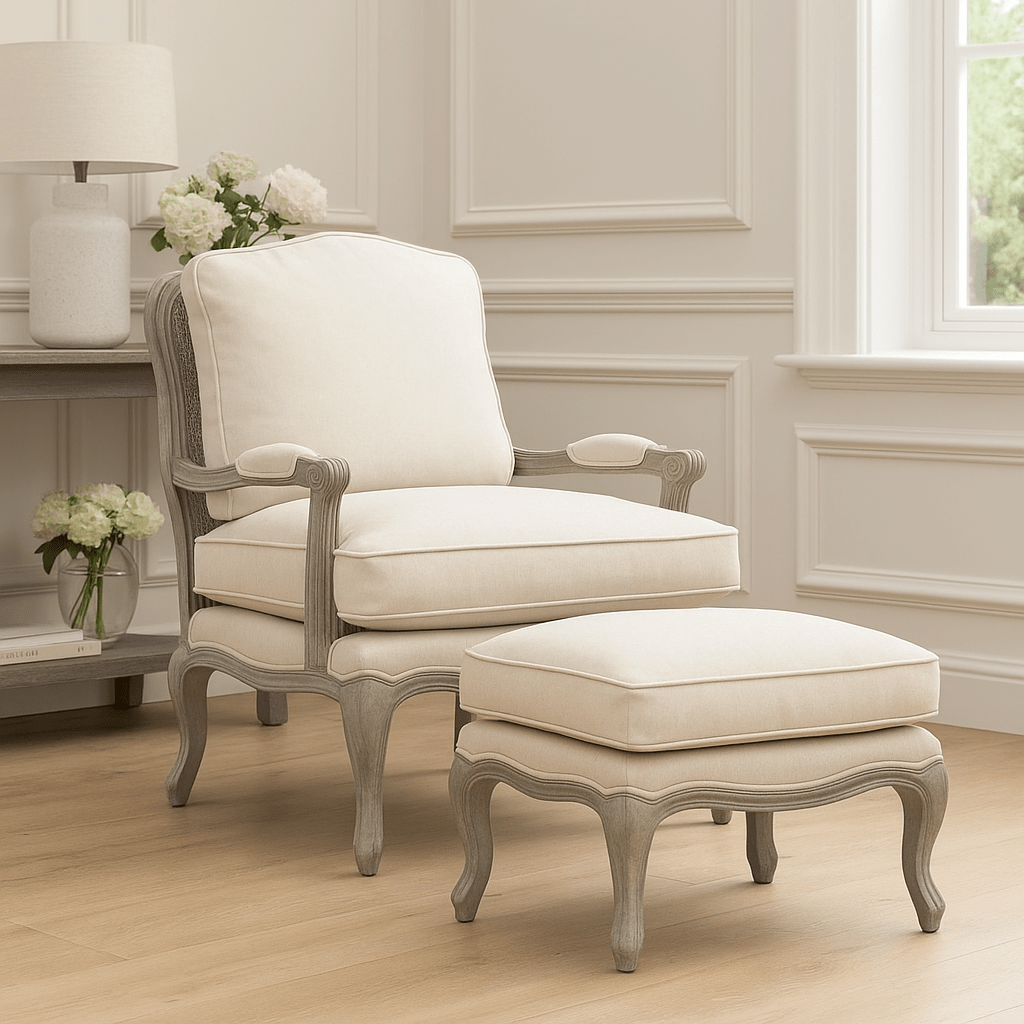 Voyage Maison (Riva Home) Voyage Maison Furniture Florence Chair & Footstool Bundle – Oak Frame in Stone/Linen by Voyage Maison