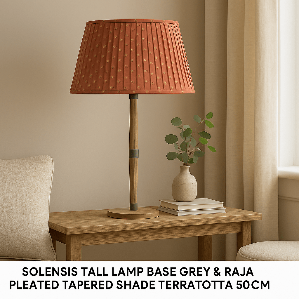 Voyage Maison (Riva Home) Voyage Maison Lamp Bundle SOLENSIS TALL LAMP BASE GREY & RAJA PLEATED TAPERED SHADE TERRACOTTA 50CM  by Voyage Maison