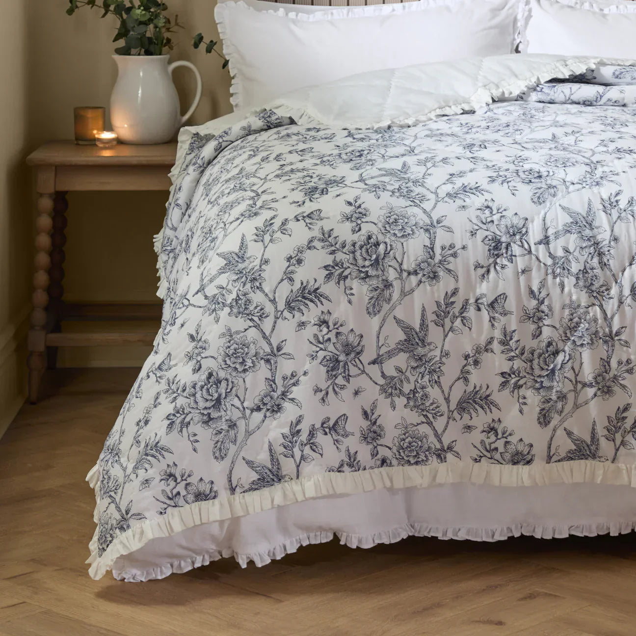 Wylder (Riva Home) Bedspread Ivory Blue / 150cm x 200cm HERMIONE RUFFLED COTTON BEDSPREAD by Wylder