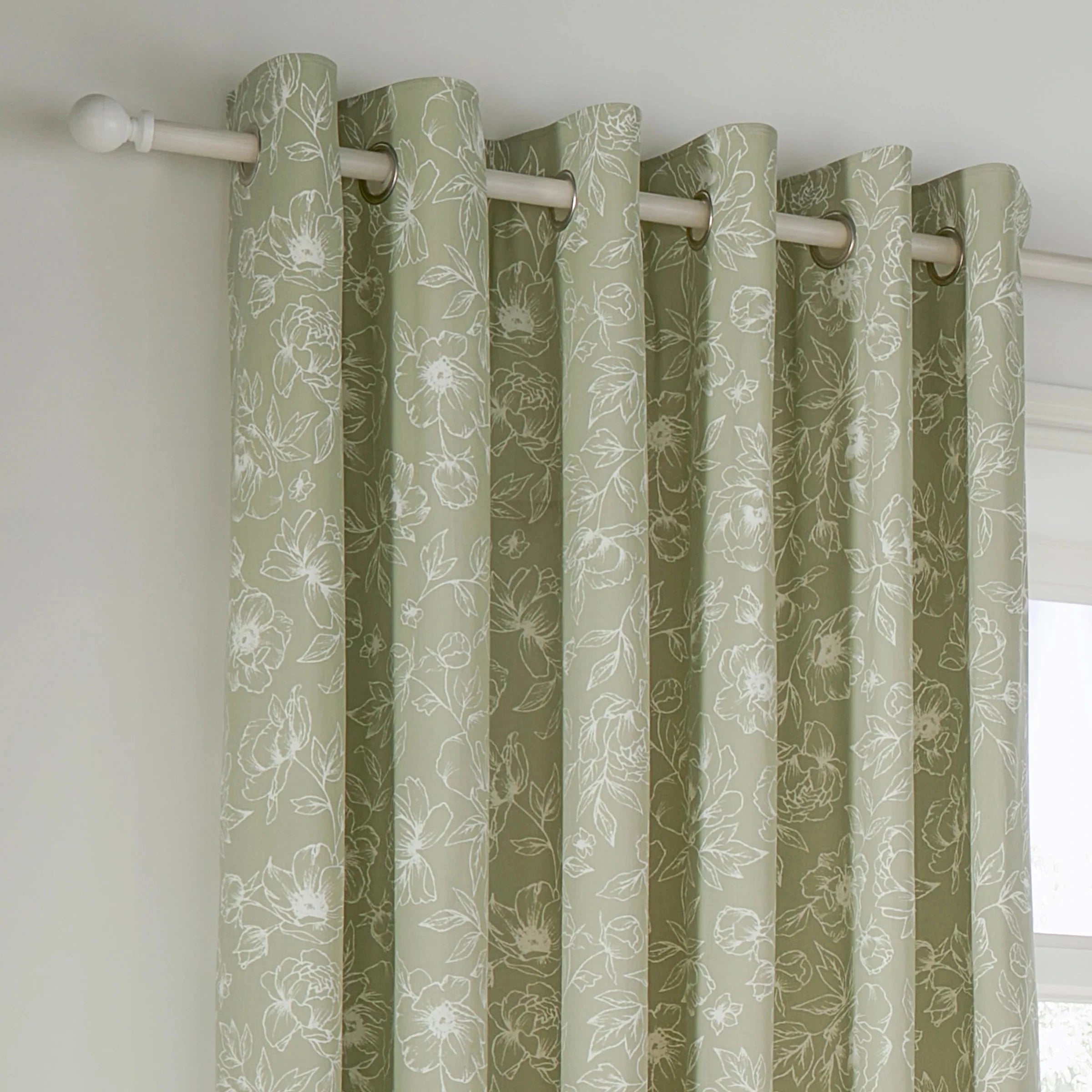 Wylder (Riva Home) Curtains Bella Floral 100% Cotton Lined Eyelet or Pencil Pleat Curtains Sage by Wylder
