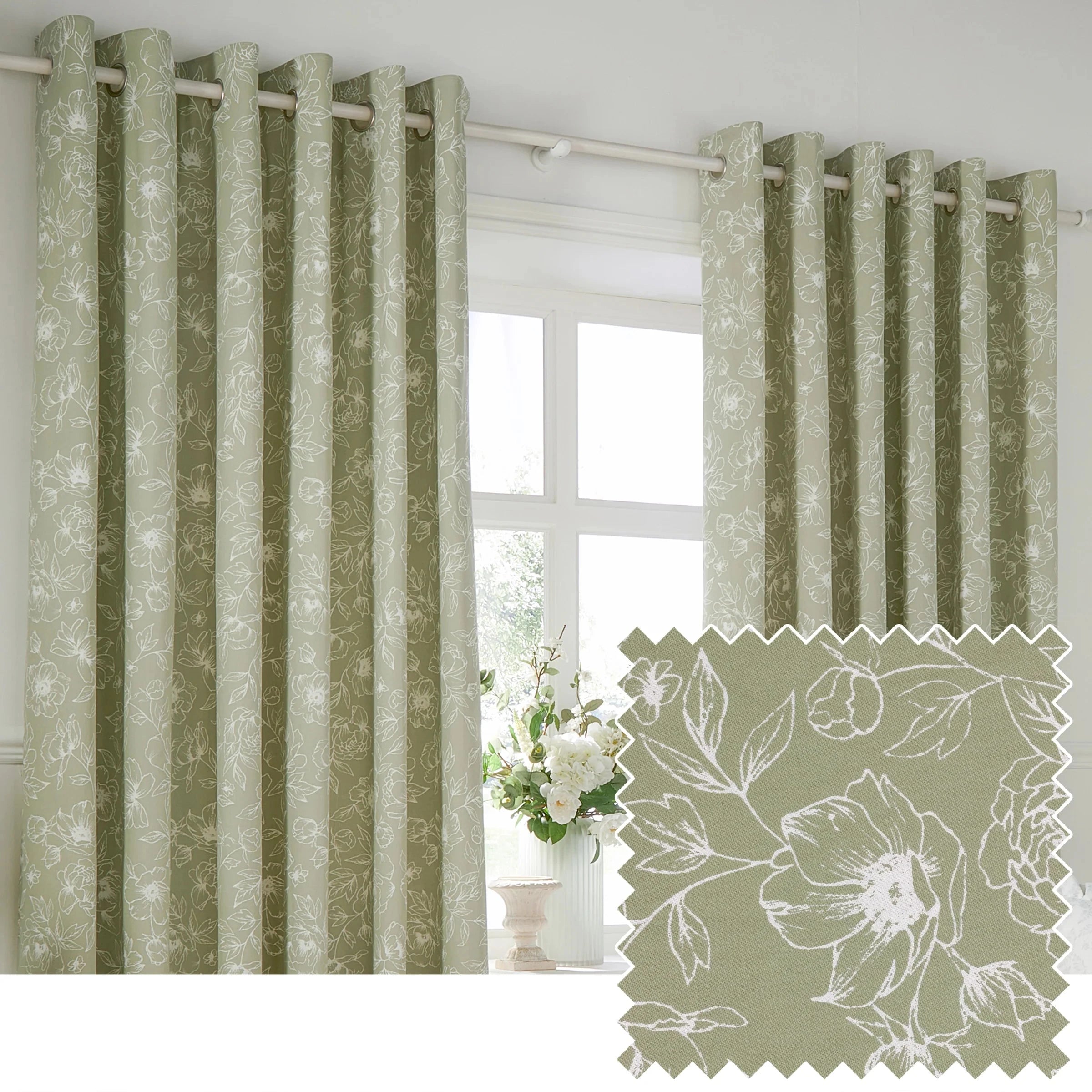 Wylder (Riva Home) Curtains Bella Floral 100% Cotton Lined Eyelet or Pencil Pleat Curtains Sage by Wylder