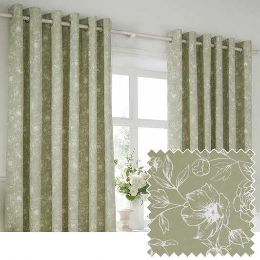 Wylder (Riva Home) Curtains Bella Floral 100% Cotton Lined Eyelet or Pencil Pleat Curtains Sage by Wylder