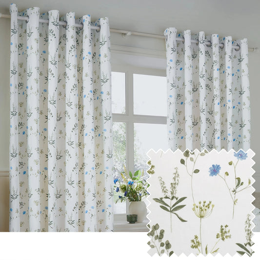 Wylder (Riva Home) Curtains Eyelet / 90in x 90in (229cm x 229cm) Wylder Meadow Room Darkening 100% Cotton Eyelet or Pencil Pleat Curtains White/Cornflower