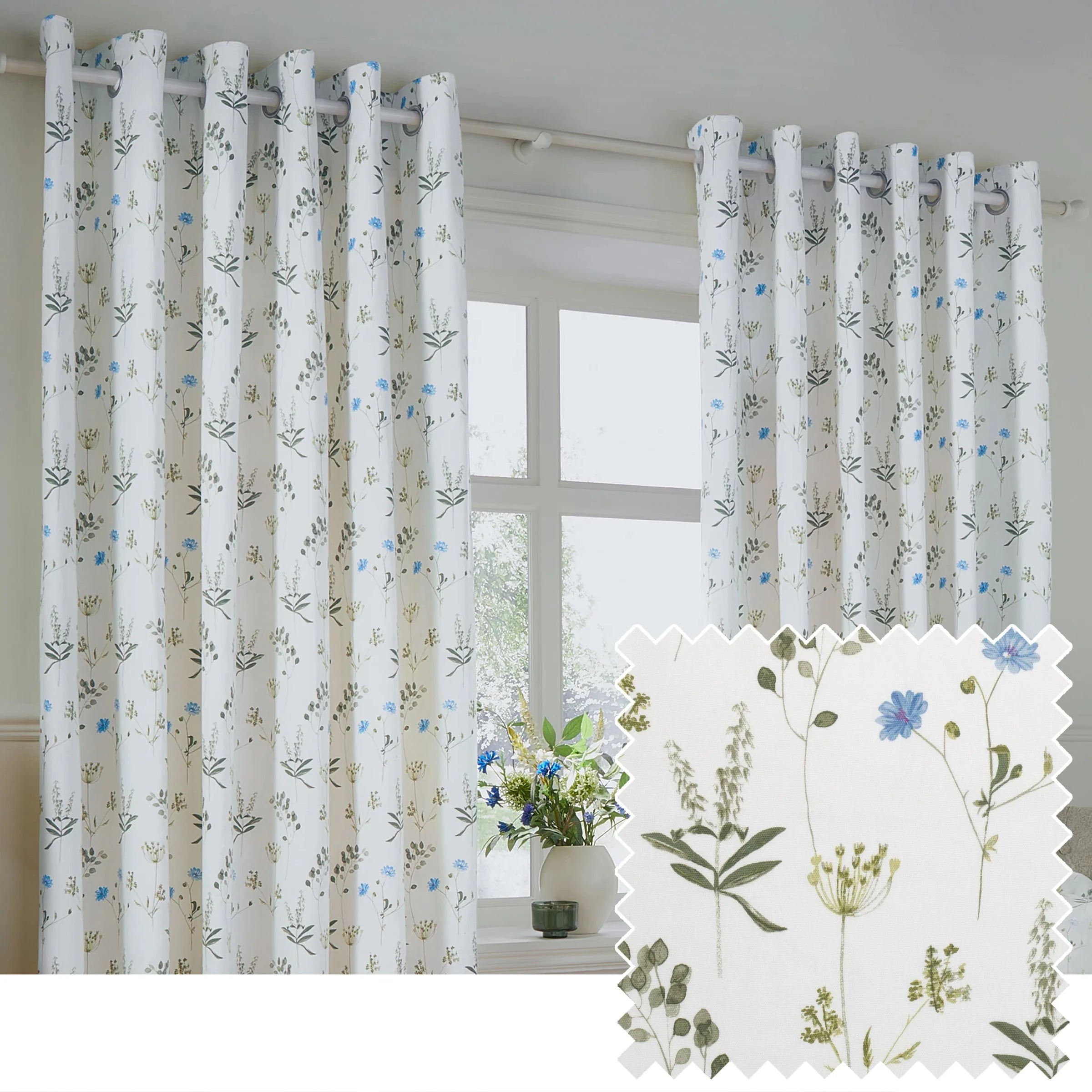 Wylder (Riva Home) Curtains Eyelet / 90in x 90in (229cm x 229cm) Wylder Meadow Room Darkening 100% Cotton Eyelet or Pencil Pleat Curtains White/Cornflower