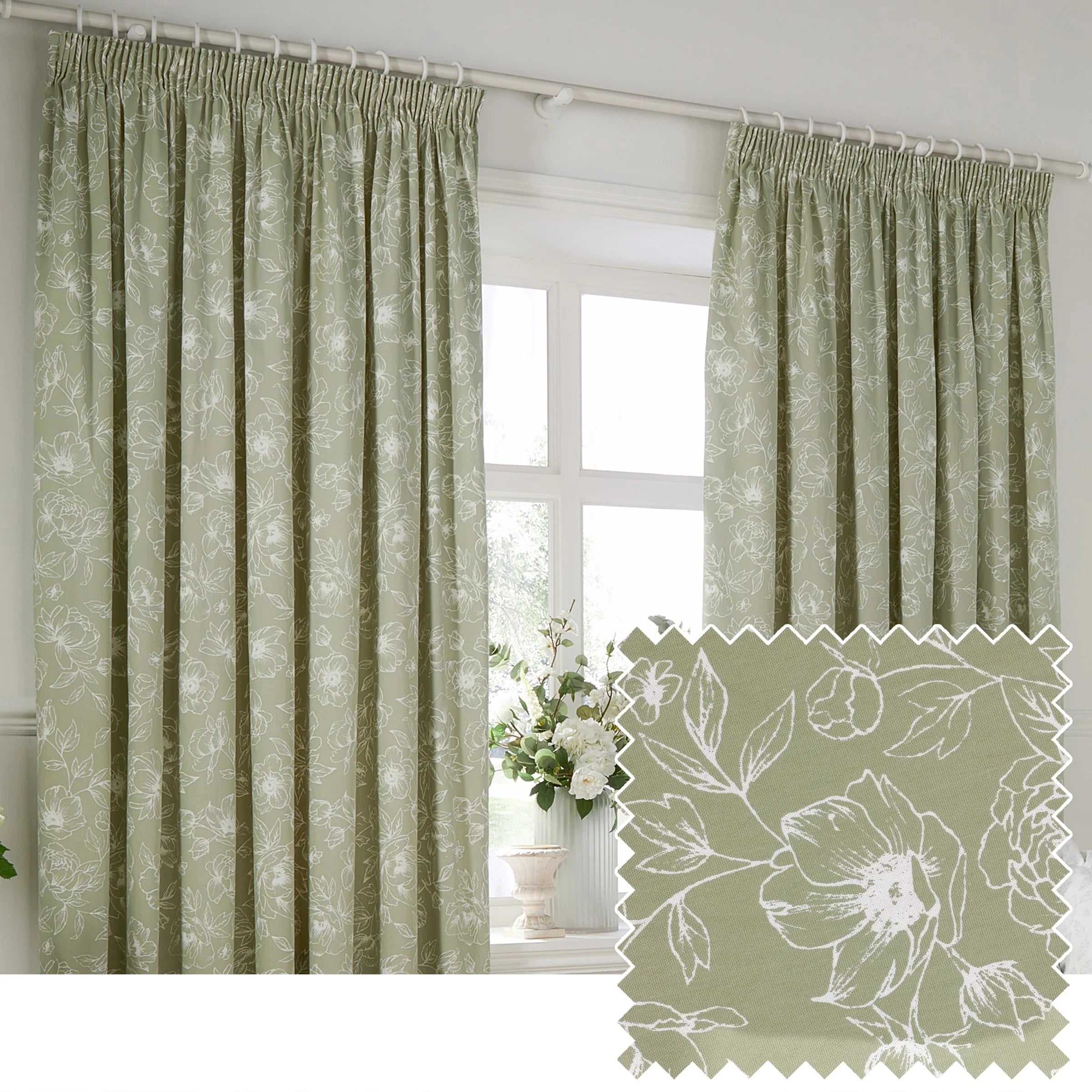 Wylder (Riva Home) Curtains Pencil Pleat / 66in x 72in (168cm x 183cm) Bella Floral 100% Cotton Lined Eyelet or Pencil Pleat Curtains Sage by Wylder