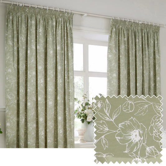 Wylder (Riva Home) Curtains Pencil Pleat / 66in x 72in (168cm x 183cm) Bella Floral 100% Cotton Lined Eyelet or Pencil Pleat Curtains Sage by Wylder