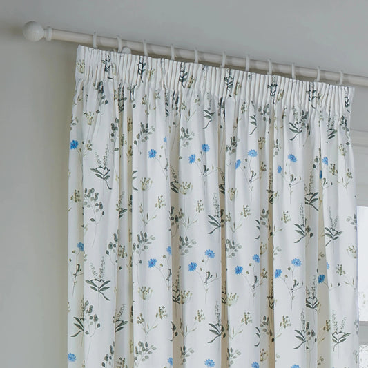 Wylder (Riva Home) Curtains Pencil Pleat / 90in x 72in (229cm x 183cm) Wylder Meadow Room Darkening 100% Cotton Eyelet or Pencil Pleat Curtains White/Cornflower