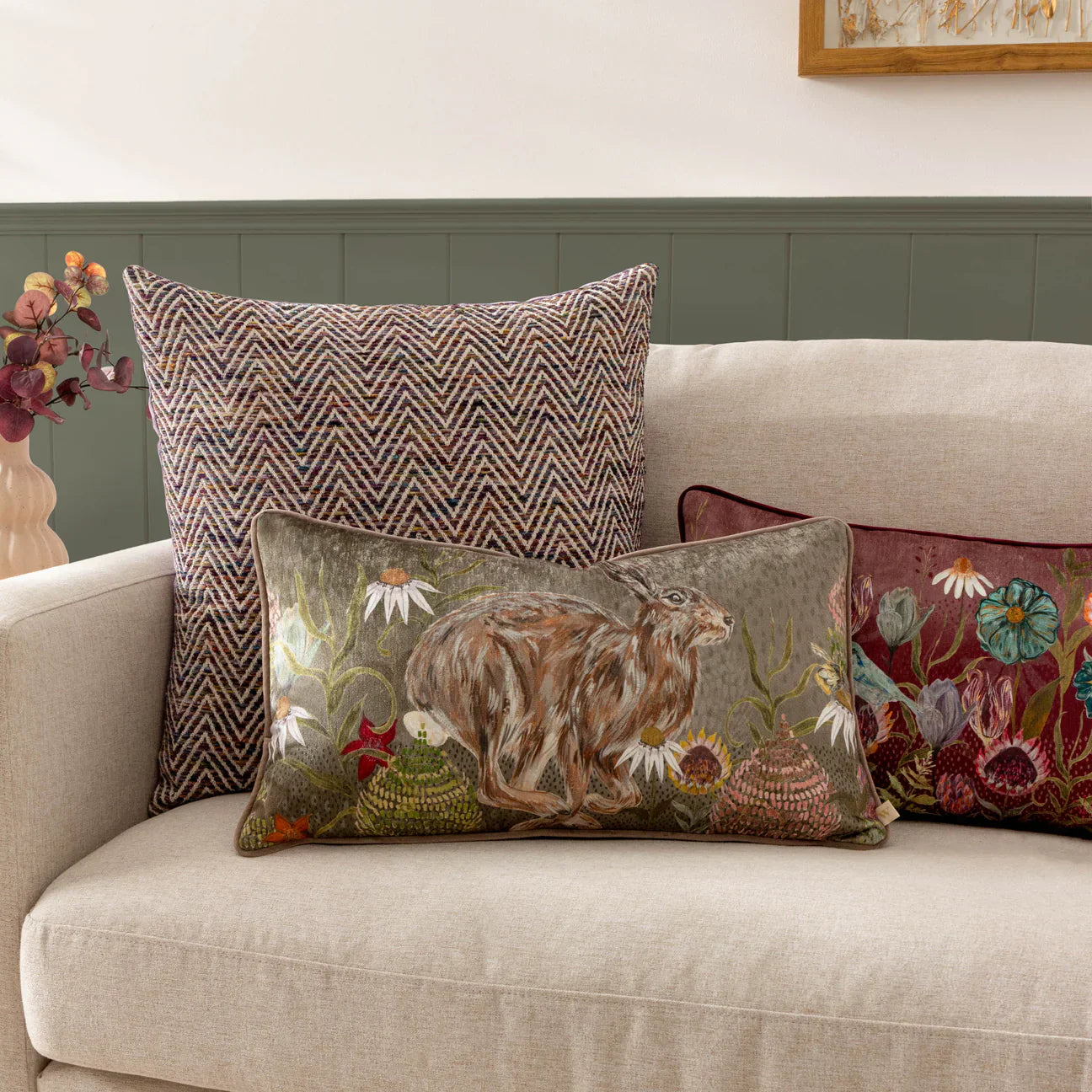 Wylder (Riva Home) Cushions MEADOW BLOOM HAZEL HARE PRINTED CHENILLE CUSHION SAGE by Wylder Nature