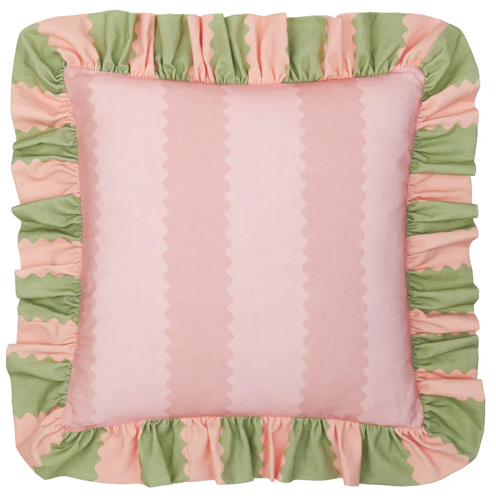 Wylder (Riva Home) Cushions Pink/Green BIRDIE STRIPE RUFFLE CUSHION by Wylder