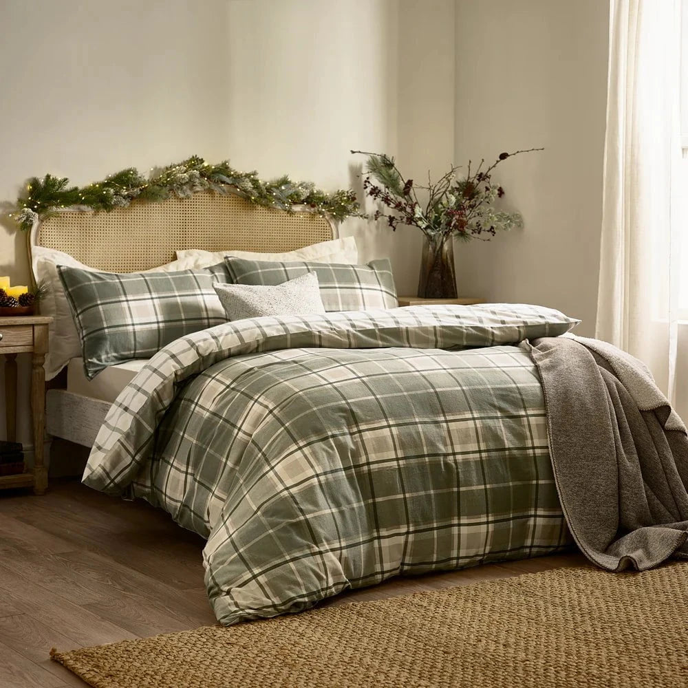Wylder (Riva Home) Duvet Cover set Braemar Check Soft Brushed Cotton Duvet Cover Set Green/Natural by Wylder