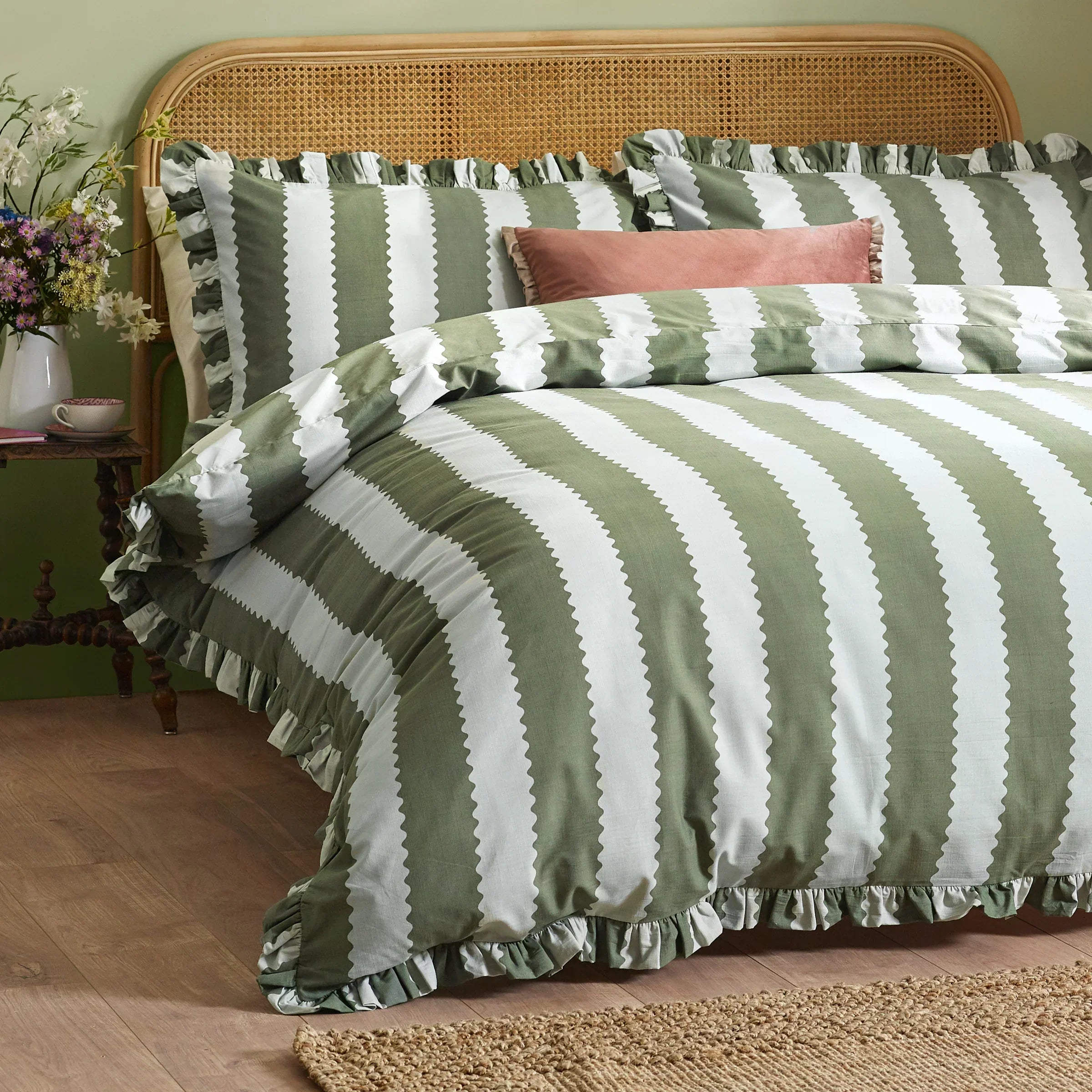 Wylder (Riva Home) Duvet Cover set Single / Bay Green/Mist BIRDIE STRIPE RUFFLE DUVET COVER SET by Wylder